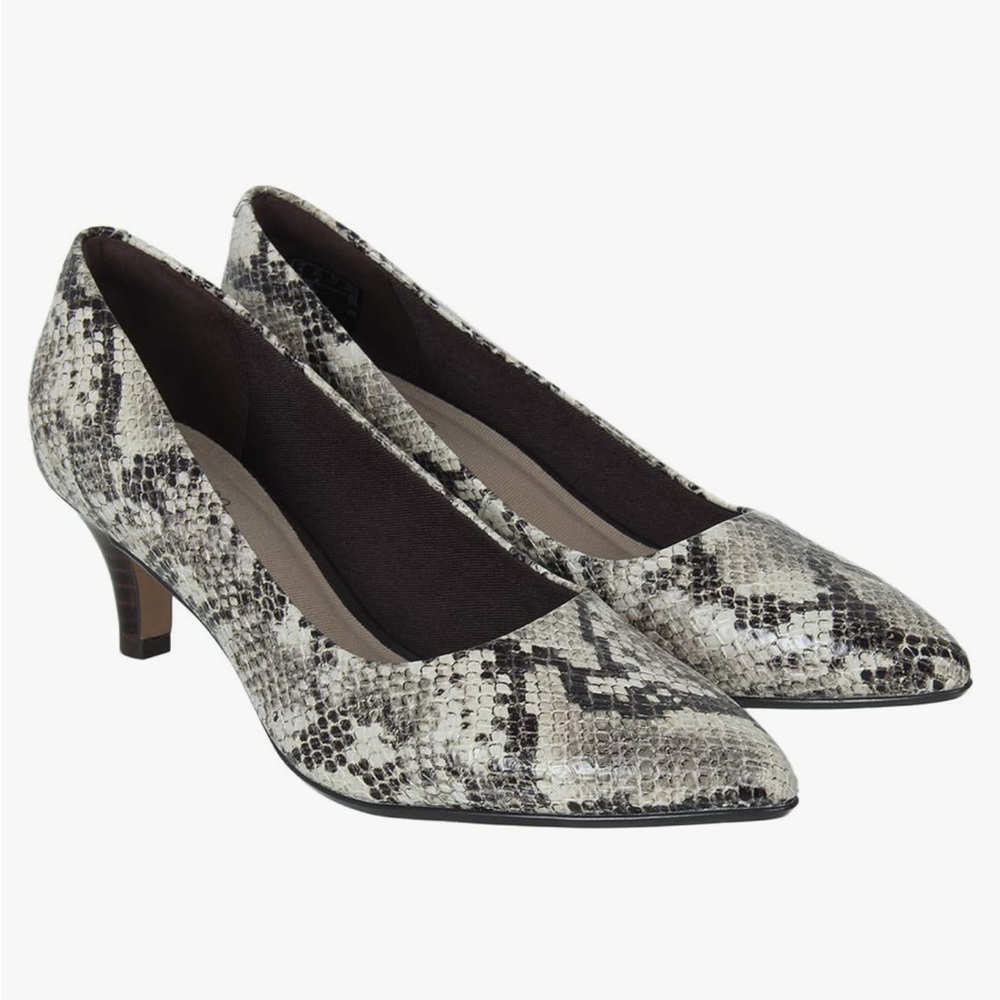 Clarks Snake-Print Pointed Toe Kitten Heel Pumps - White & Black